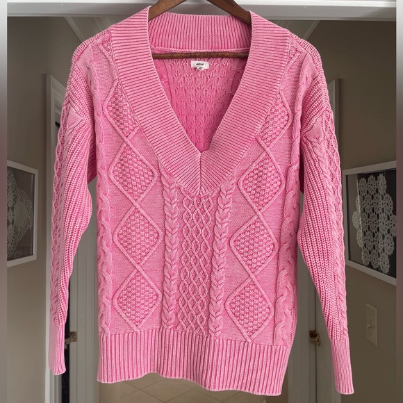 🩷Aerie Oversized Cable Knit V-Neck Sweater Barbie Pink XS Valentines - Picture 14 of 16